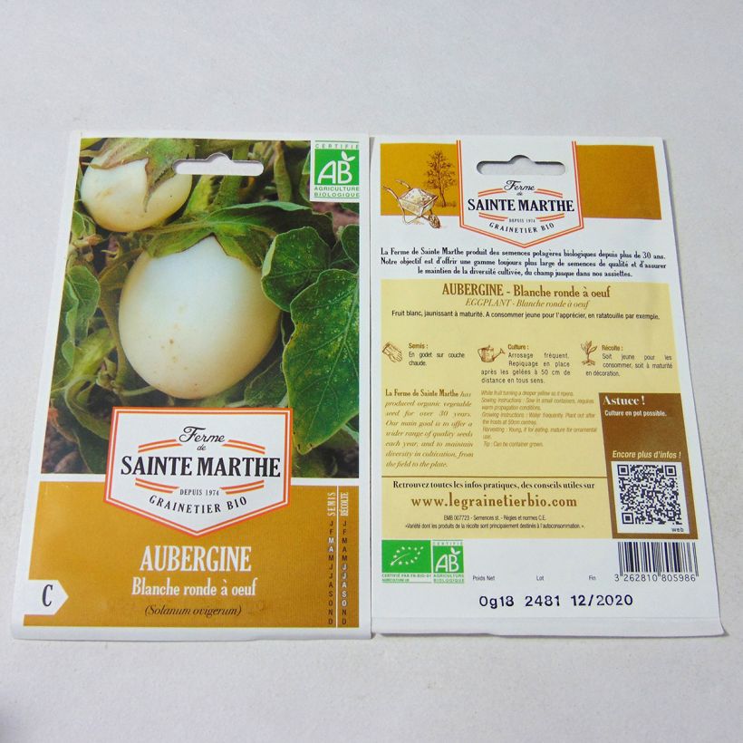 Example of Aubergine Blanche Ronde A Oeuf Bio per pack of 40 seeds (0.18g) as you get