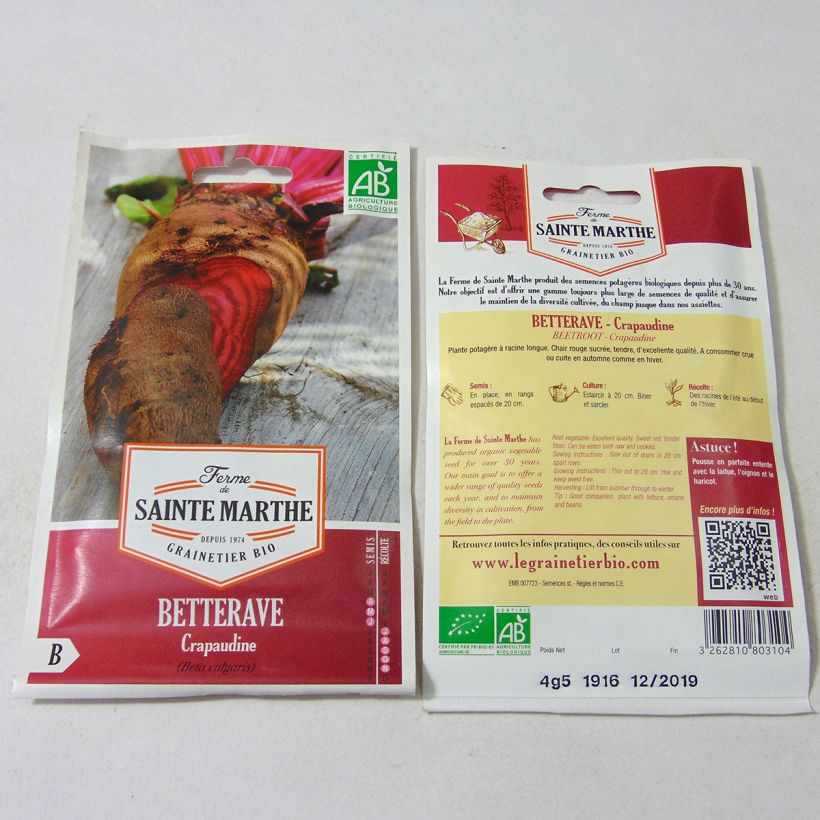 Example of Rote Bete Crapaudine Bio- Ferme de Sainte Marthe per pack of 250 seeds (4.5g) as you get