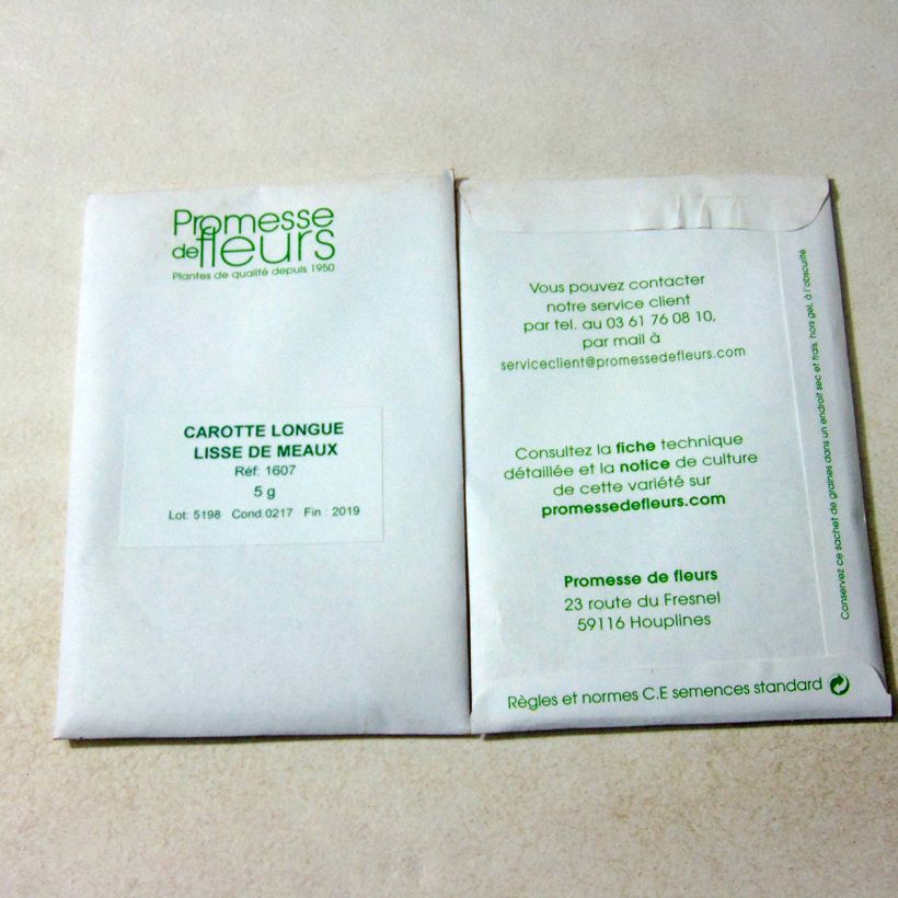Example of Möhre Longue Lisse de Meaux per pack of 3600 seeds (5g) as you get