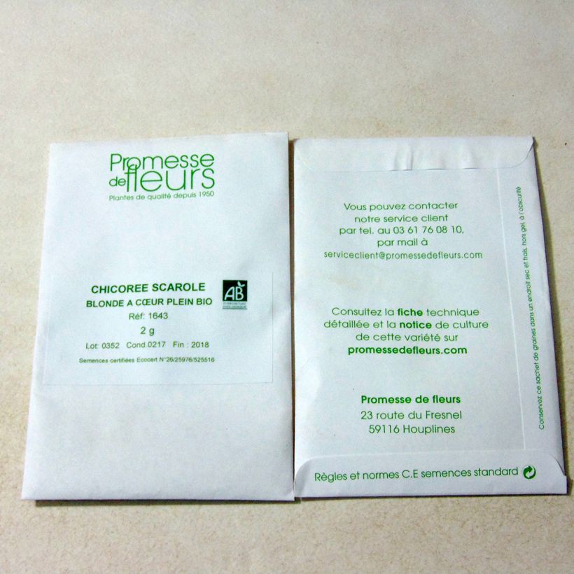 Example of Endivie Escariol Blonde à Coeur Plein Bio per pack of 1250 seeds (2g) as you get
