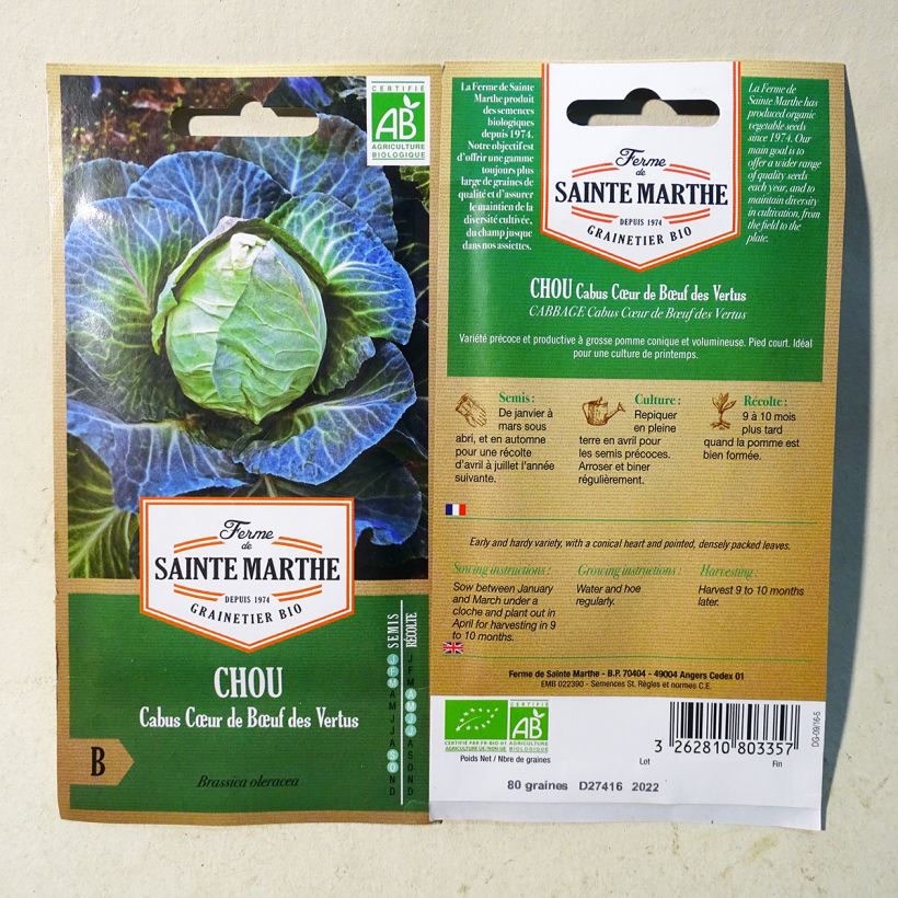 Example of Kopfkohl Coeur de Boeuf des Vertus Bio - Ferme de Sainte Marthe per pack of 250 seeds (1g) as you get