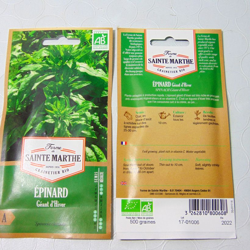 Example of Spinat Géant d'Hiver Bio - Ferme de Sainte Marthe per pack of 450 seeds (5.7g) as you get