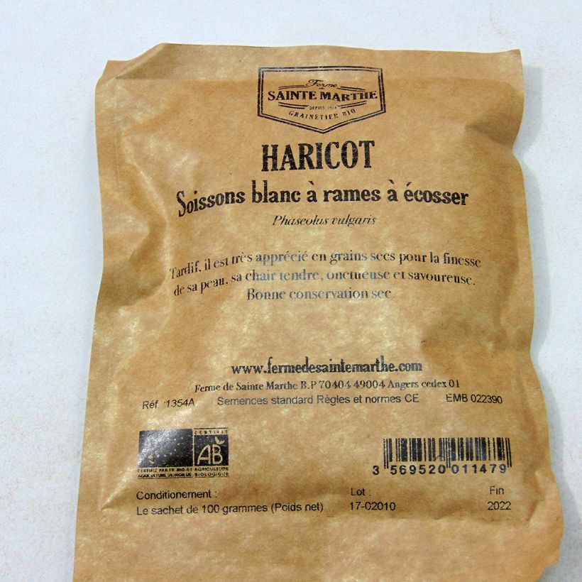 Example of Stangenbohne Soissons Blanc Bio per pack of 200 seeds (100g) as you get