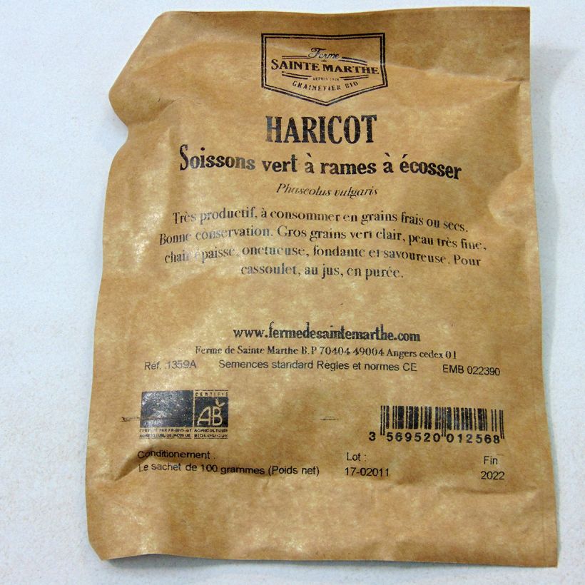 Example of Stangenbohne Soissons Vert Bio per pack of 200 seeds (100g) as you get