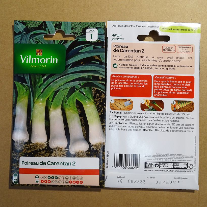 Example of Lauch-Porree de Carentan 2 - Vilmorin per pack of 1000 seeds (4g) as you get