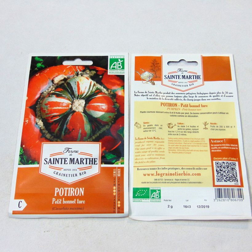 Example of Riesen-Kürbis Petit Bonnet Turc Bio - Ferme de Sainte Marthe per pack of 8 seeds (2g) as you get