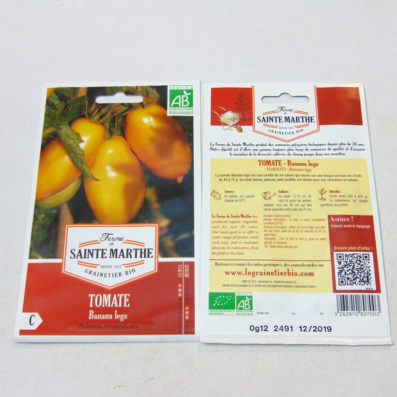 Example of Tomate Banana Legs Bio per pack of 30 seeds as you get