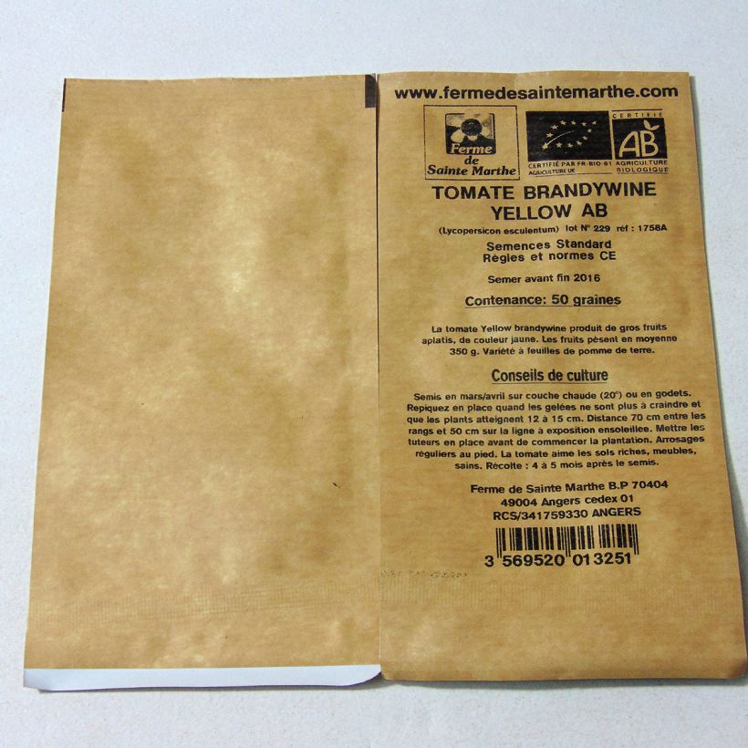 Example of Tomate Brandywine Yellow Bio per pack of 50 seeds as you get