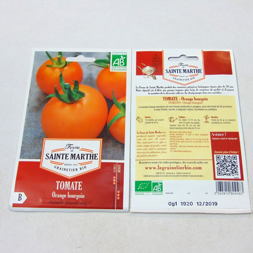 Example of Tomate Orange Bourgoin Bio per pack of 40 seeds as you get